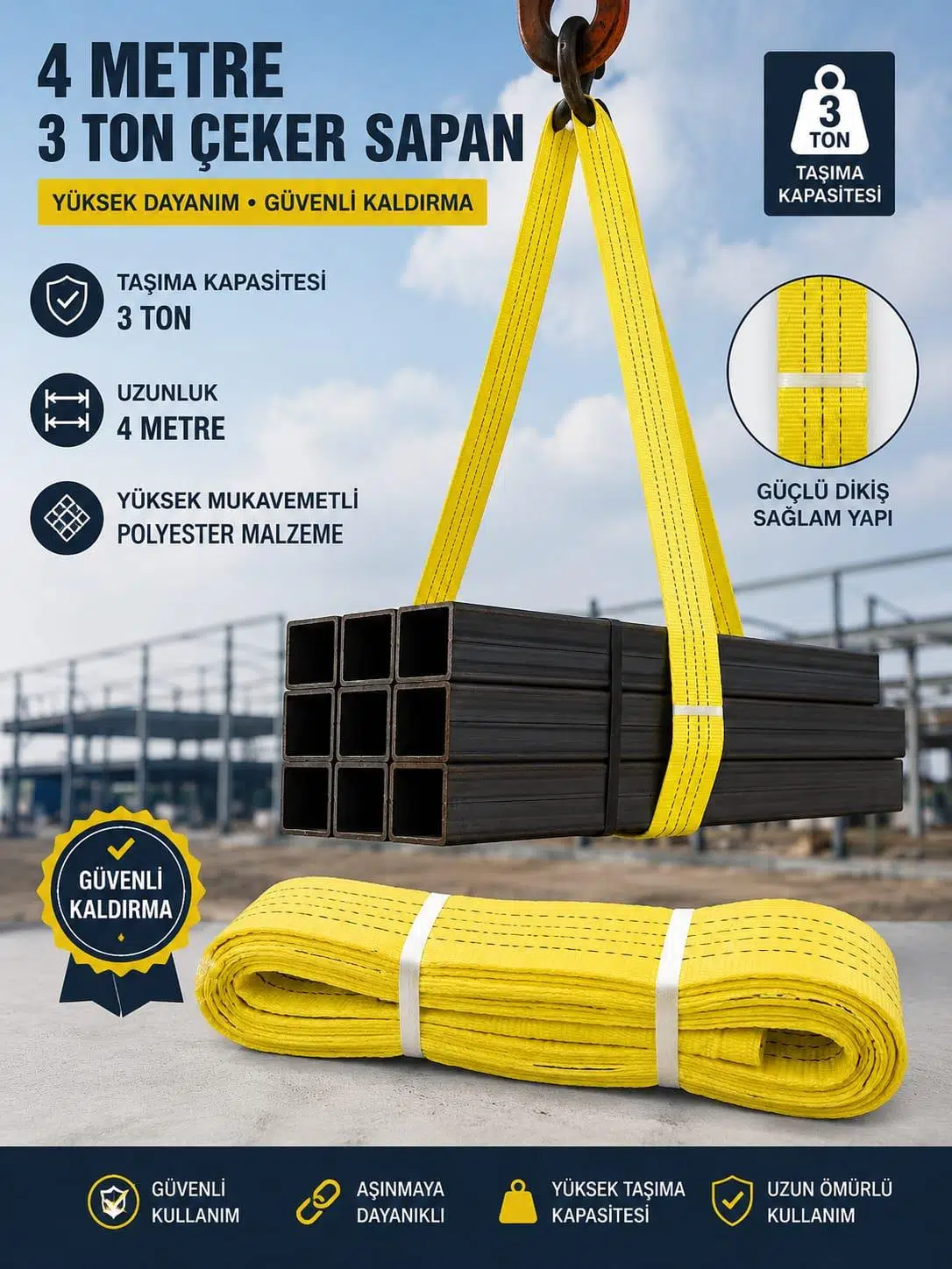 4 METRE 3 TON Çeker SAPAN HALAT Zekioğlu Group Flat Webbing Sling Gözlü Polyester Sapan 3000Kg Taşıma Kapasiteli 4 Metre Kaldırma Sapanı 