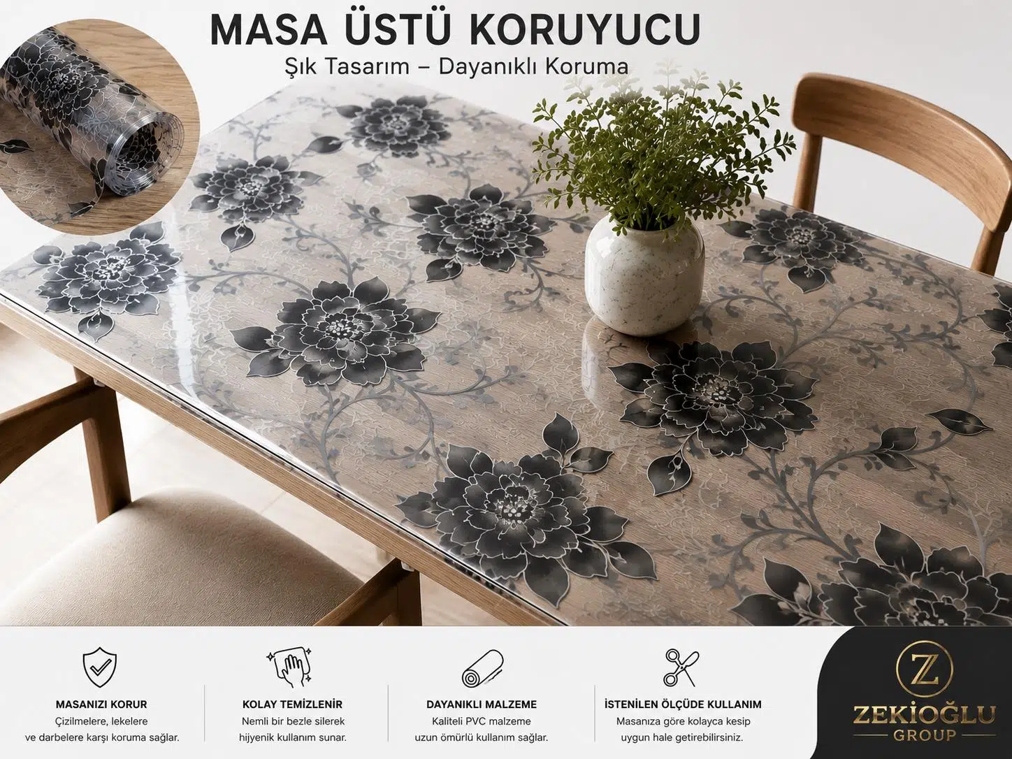 80 CM X 110 CM Masa Üstü Koruyucu Şeffaf SİYAH ÇİÇEK Desenli PVC Masa Örtüsü Silinebilir Koruyucu Kaplama