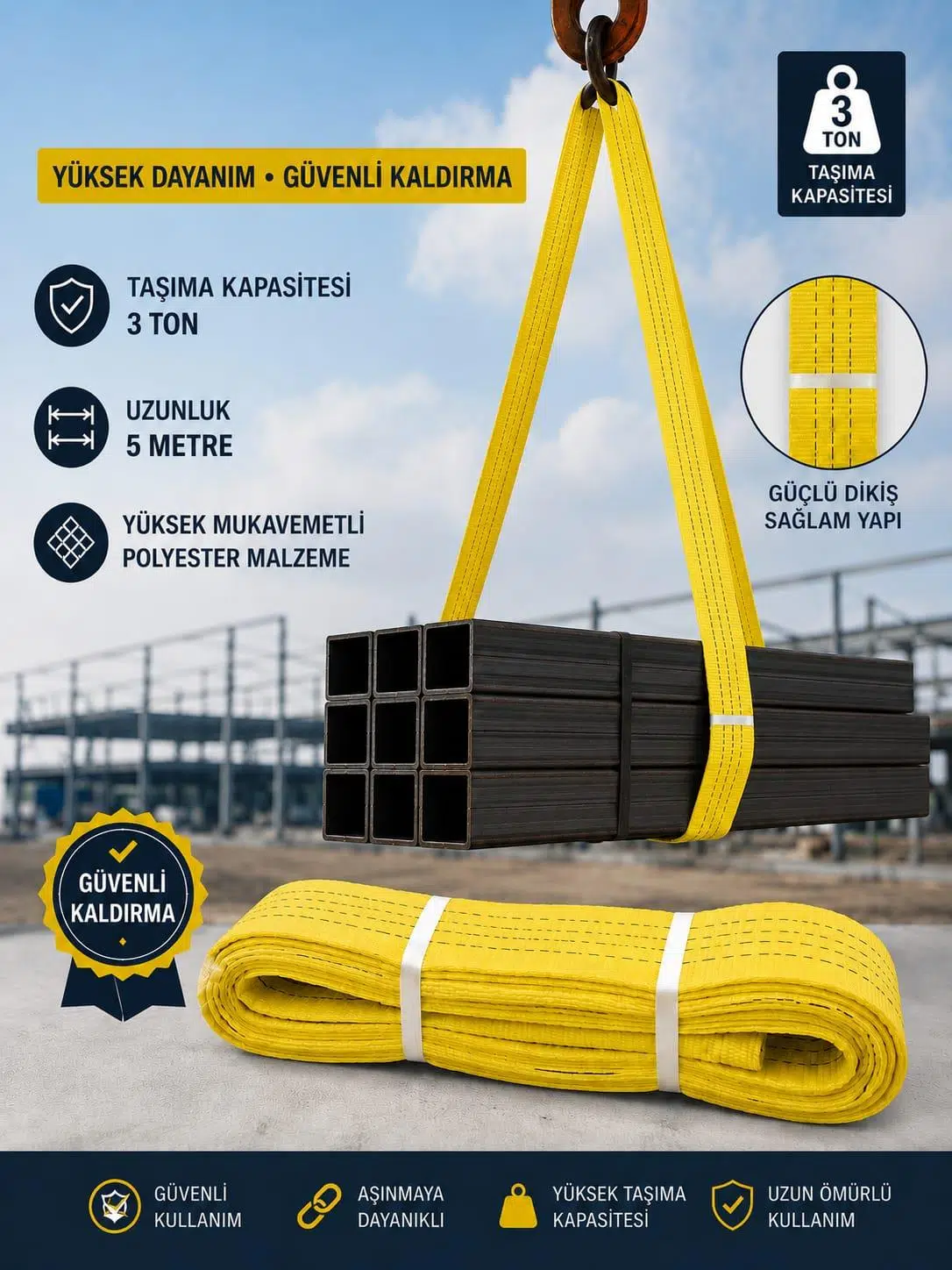 5 METRE 3 TON Çeker SAPAN HALAT Zekioğlu Group Flat Webbing Sling Gözlü Polyester Sapan 3000Kg Taşıma Kapasiteli 5 Metre Kaldırma Sapanı 